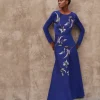 Modern Fit-and-Flare Embroidered Floral Knit Maxi Dress