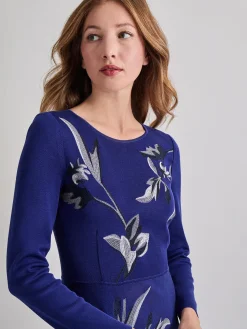 Modern Fit-and-Flare Embroidered Floral Knit Maxi Dress