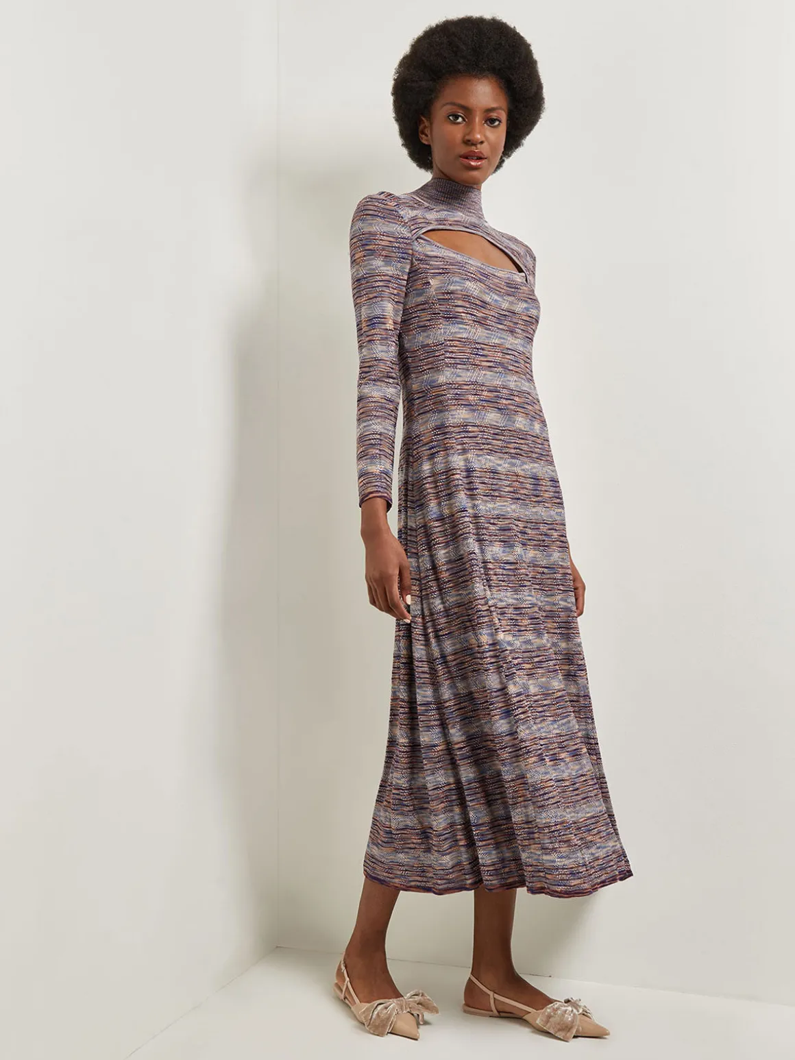 Modern Fit-and-Flare Melange Knit Cutout Maxi Dress