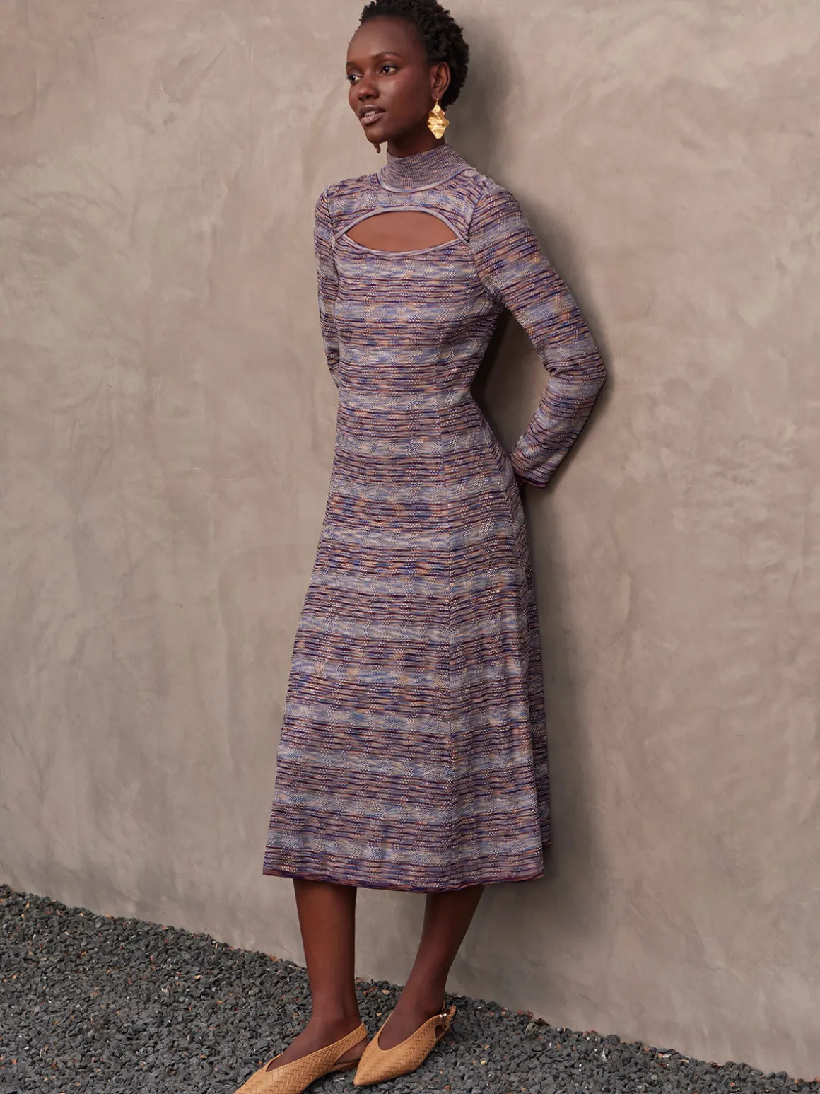 Modern Fit-and-Flare Melange Knit Cutout Maxi Dress
