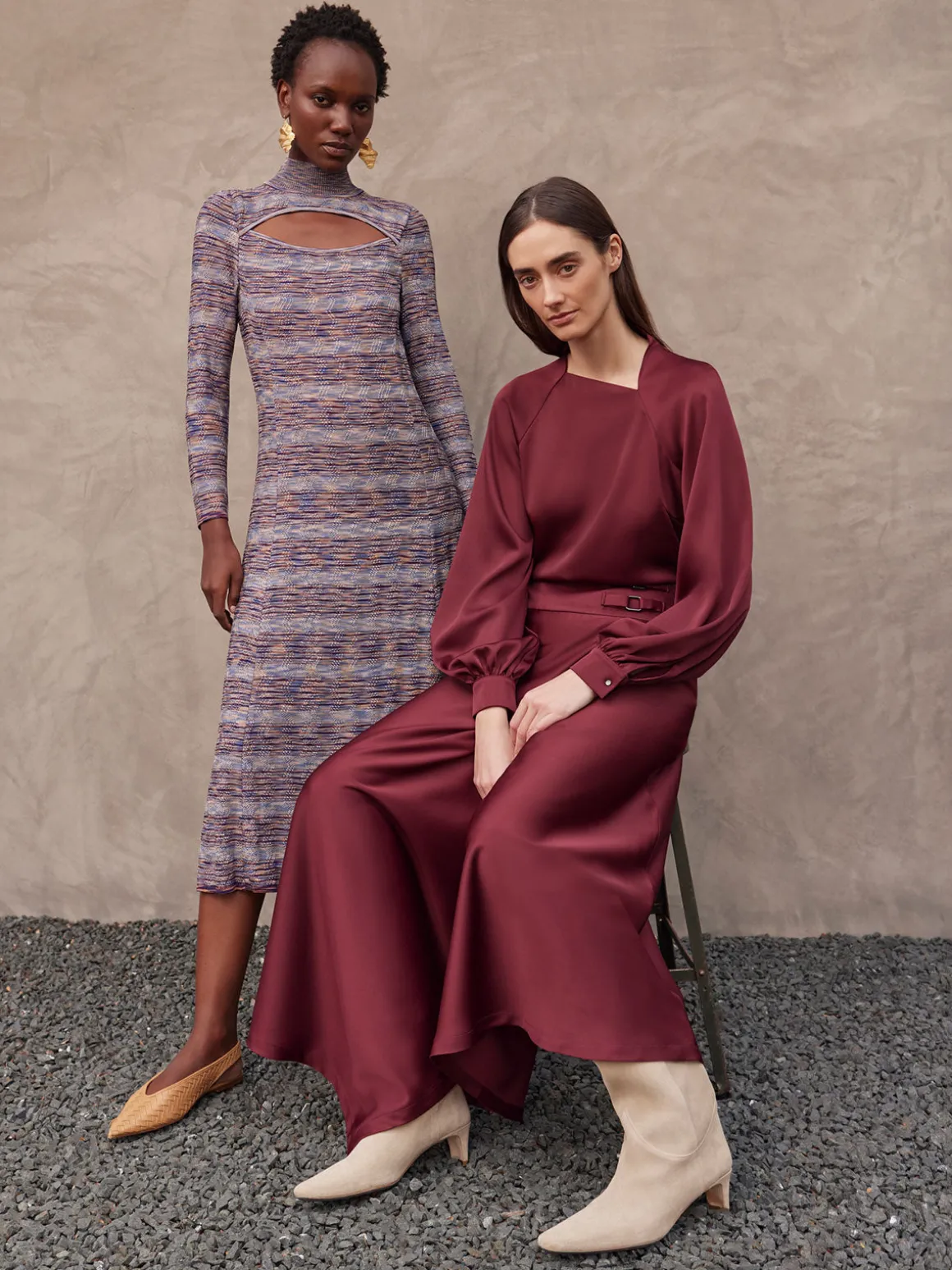Modern Fit-and-Flare Melange Knit Cutout Maxi Dress