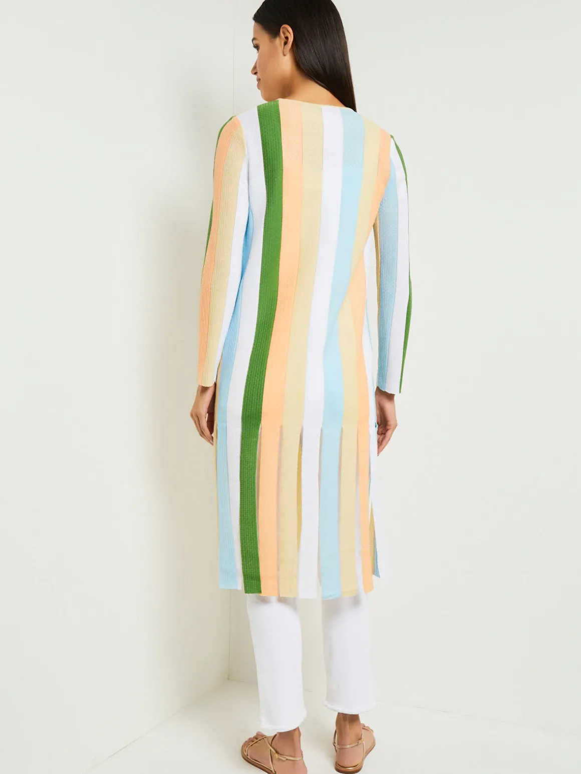 Open Neck Heritage Fit Jacket - Striped Intarsia Knit Fringe Hem