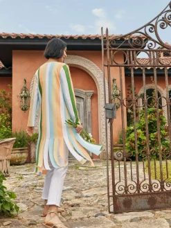 Open Neck Heritage Fit Jacket - Striped Intarsia Knit Fringe Hem