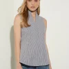 Pinstripe Sleeveless Stretch Cotton Blouse, Black/White