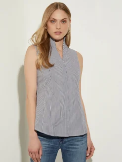 Pinstripe Sleeveless Stretch Cotton Blouse, Black/White