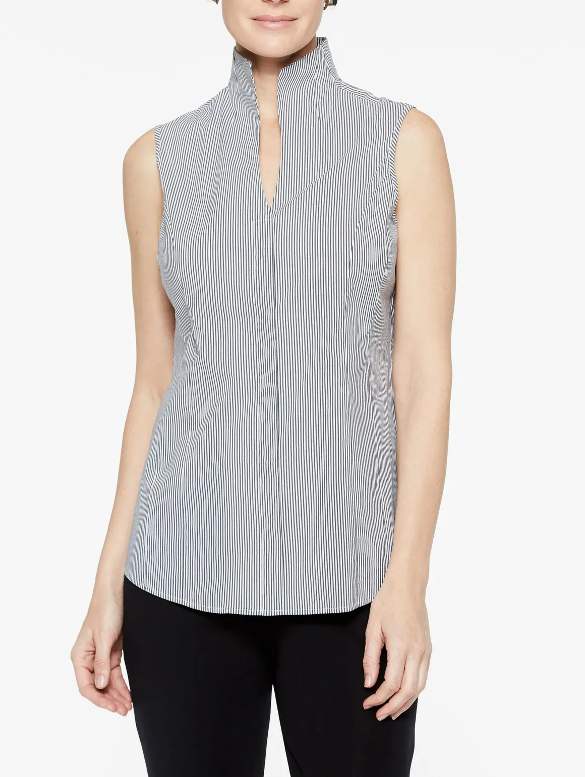 Pinstripe Sleeveless Stretch Cotton Blouse, Black/White