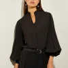 Pleated Bishop Sleeve Stretch Crepe Blouse