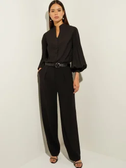 Pleated Bishop Sleeve Stretch Crepe Blouse
