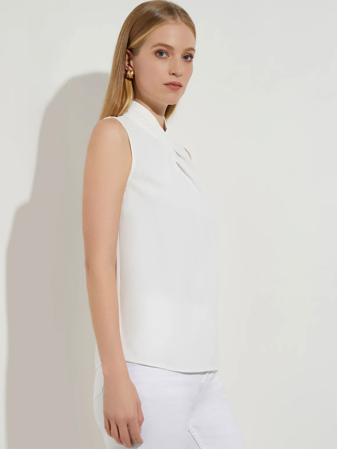 Pleated Crossover Collar Crepe de Chine Blouse