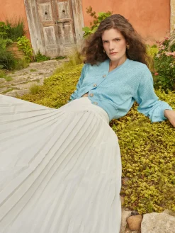 Relaxed Fit Button Front Jacket - Balloon Sleeve Soft Burnout Knit