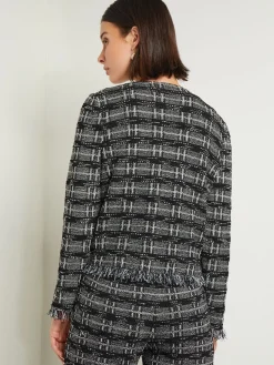 Rhinestone Accent Fringe Tweed Knit Jacket