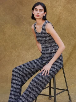 Rhinestone Accent Tweed Knit Jumpsuit