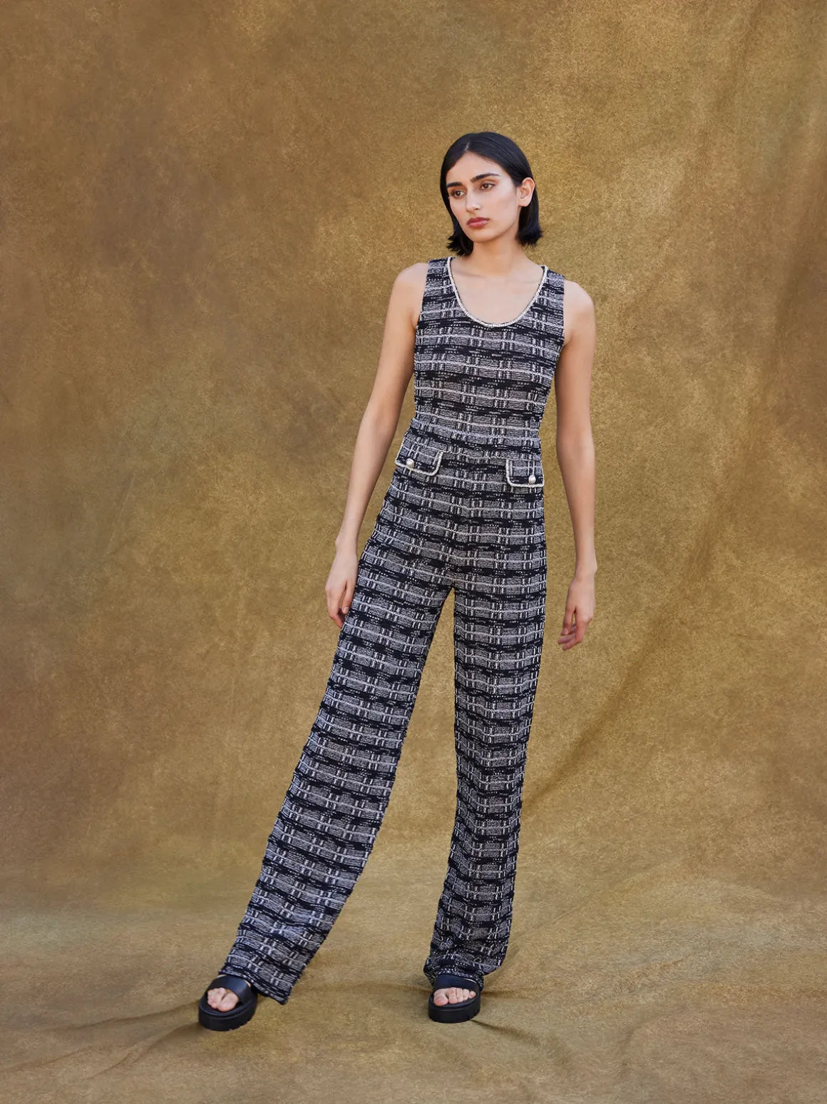 Rhinestone Accent Tweed Knit Jumpsuit