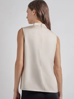 Sleeveless High Neck Draped Crepe de Chine Blouse