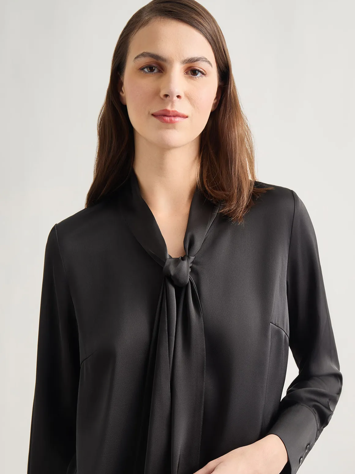 Solid Tie Neck Crepe de Chine Blouse