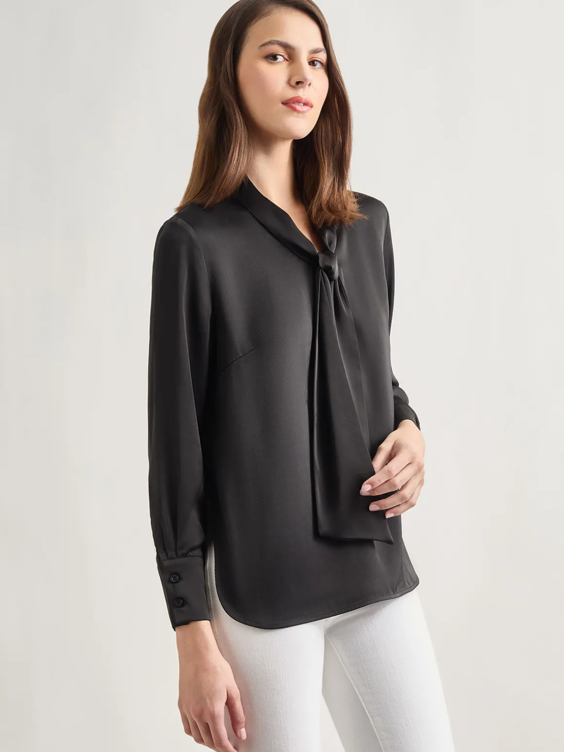 Solid Tie Neck Crepe de Chine Blouse