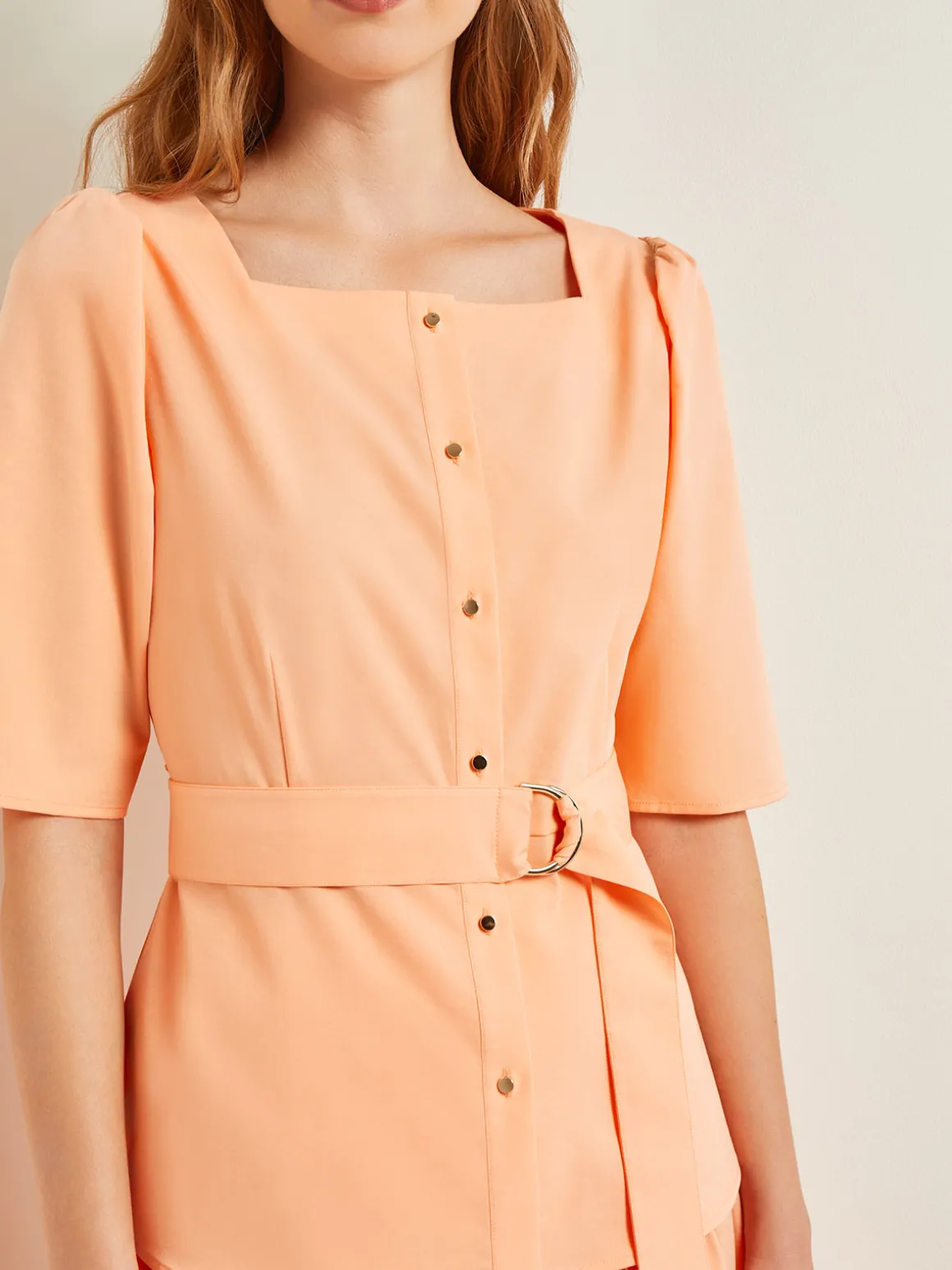 Square Neck Button Front Blouse - Belted Faux Cupro Silk