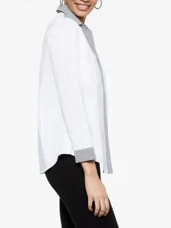 Stripe Trim Stretch Cotton Button-Up Shirt