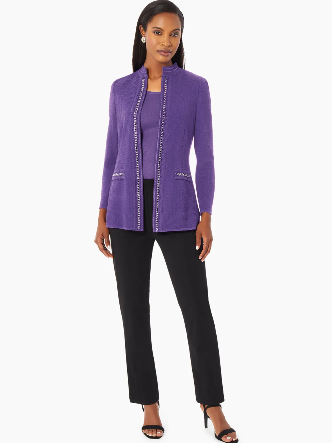 Tailored Fit Crocheted Chain Trim Textured Knit Jacket