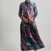 Tie Neck Pleated A-Line Maxi Dress