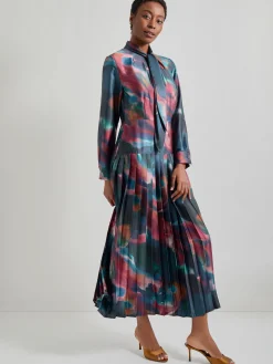 Tie Neck Pleated A-Line Maxi Dress