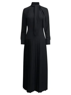 Tie Neck Pleated A-Line Maxi Dress