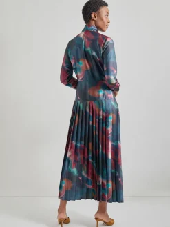 Tie Neck Pleated A-Line Maxi Dress