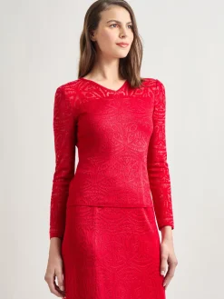 Tonal Patterned V-Neck Burnout Knit Top