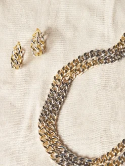 Two Tone 14K Gold & Rhodium Chain Link Hoop Earrings