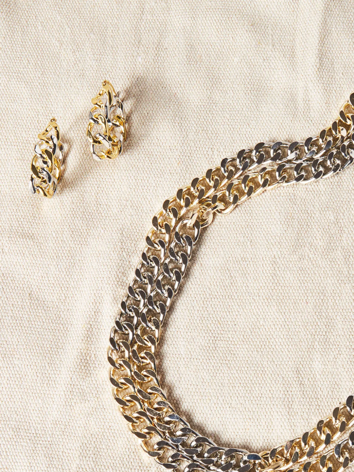 Two Tone 14K Gold & Rhodium Chain Link Hoop Earrings