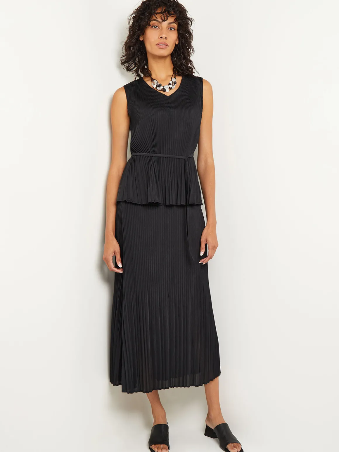 V-Neck Tie-Waist Pleated Crepe de Chine Tank Top