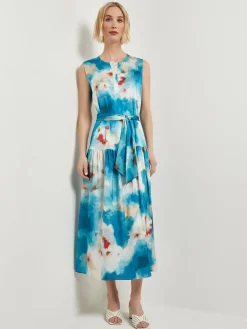 Watercolor Removable Shawl Collar Crepe Maxi Dress