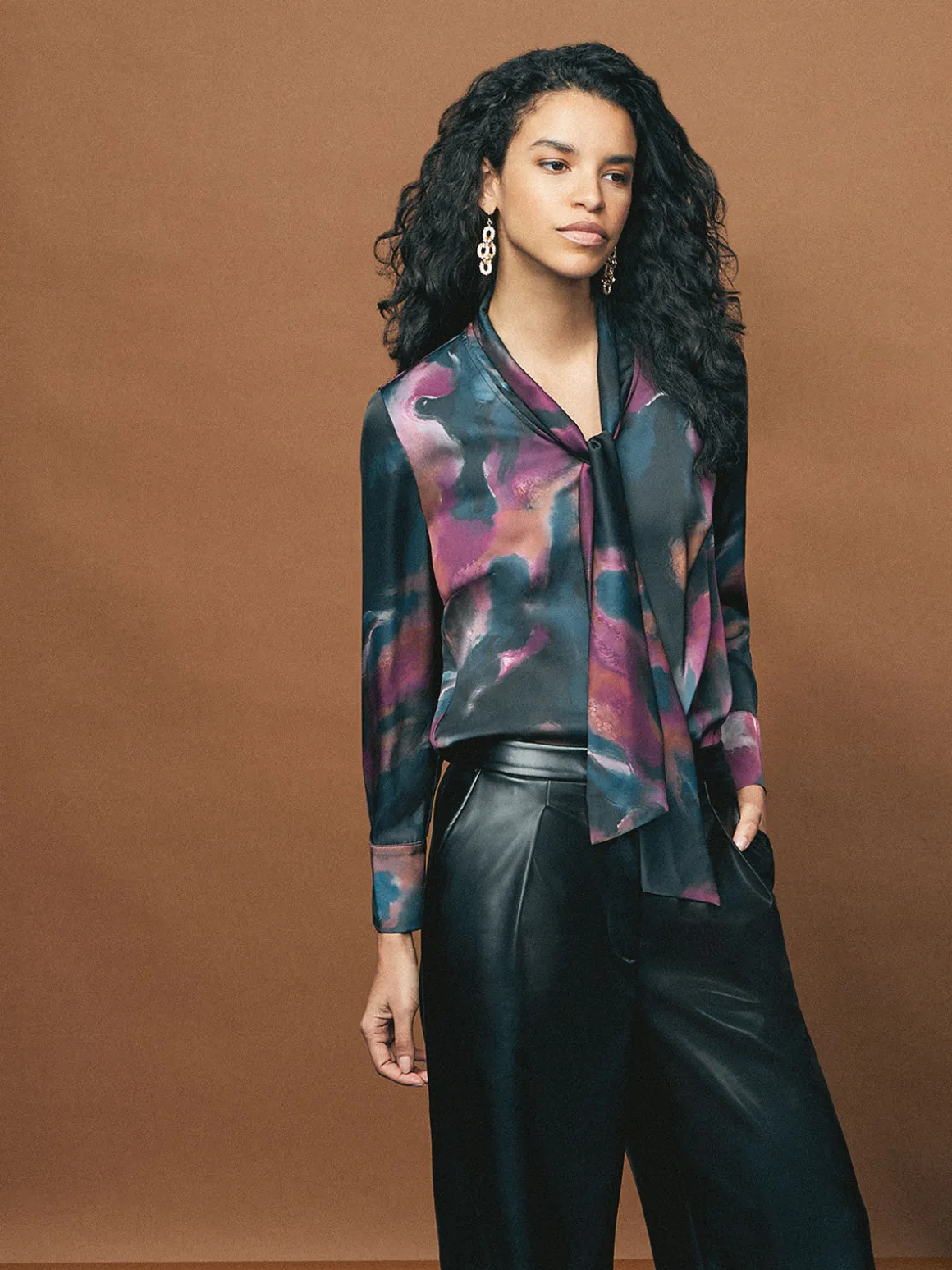 Watercolor Tie Neck Crepe de Chine Blouse